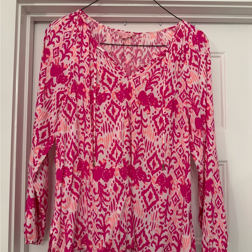 Lilly Pulitzer Vibrant Pink Willa Blouse in Tons of Fun Ikat
